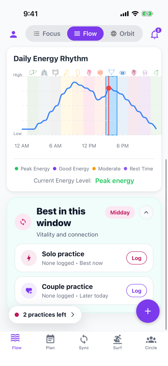 Daily energy rhythm chart with practice suggestions