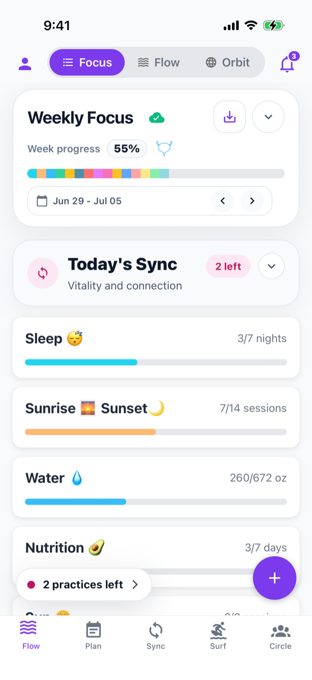 Weekly Focus and Today's Sync cards collapsed into compact summaries above the habit cards