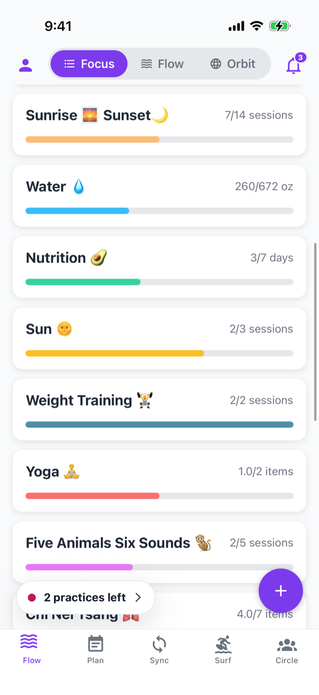 Colorful habit category cards with progress bars